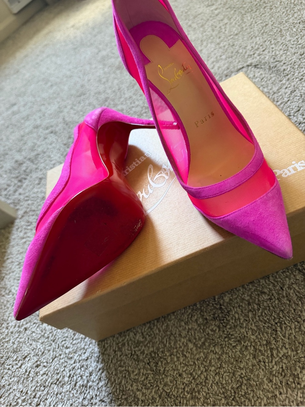 Christian Louboutin Hot Pink Suede & Mesh Pointed-Toe Pumps
